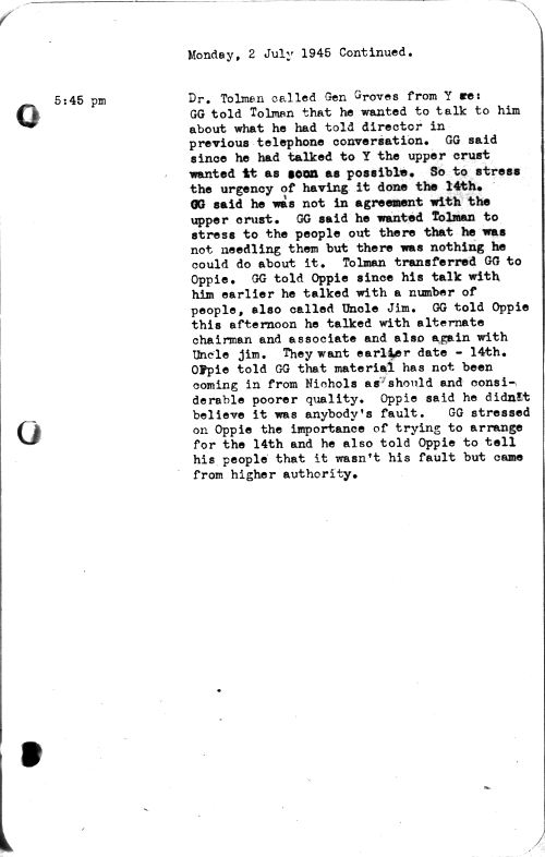 Groves office diary, July 2, 1945 - page 6