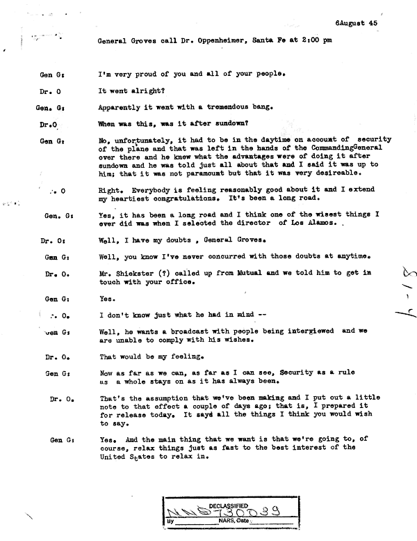 Groves-Oppenheimer transcript, August 6, 1945 - page 1