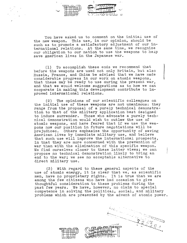 Recommendations on the Immediate Use of Nuclear Weapons, June 16, 1945 - page 2