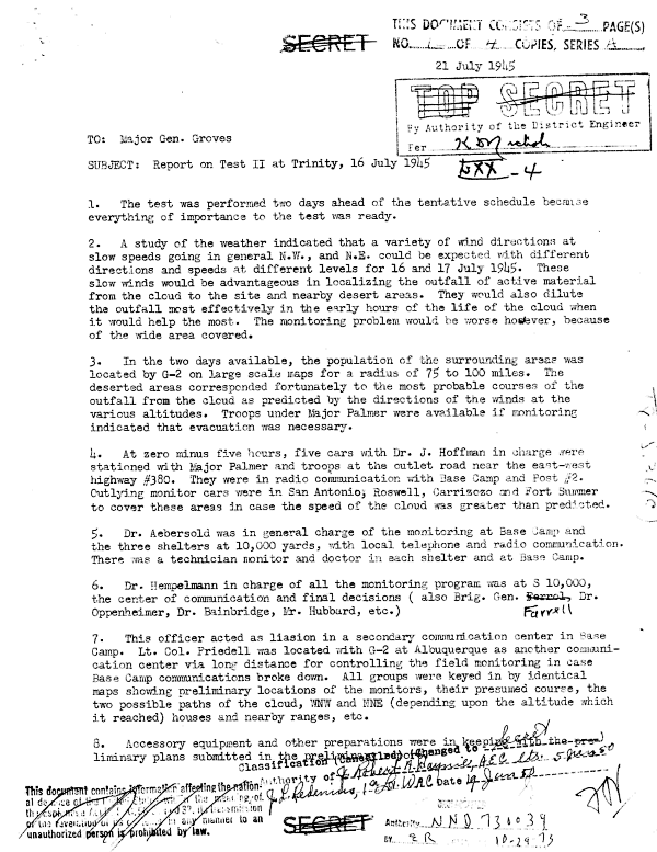 Radiation monitoring, Trinity Test, July 16, 1945 - page 1