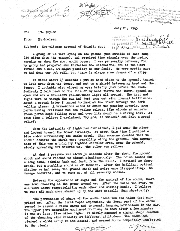 Trinity Test, July 16, 1945, Eyewitness Accounts - Kenneth Greisen