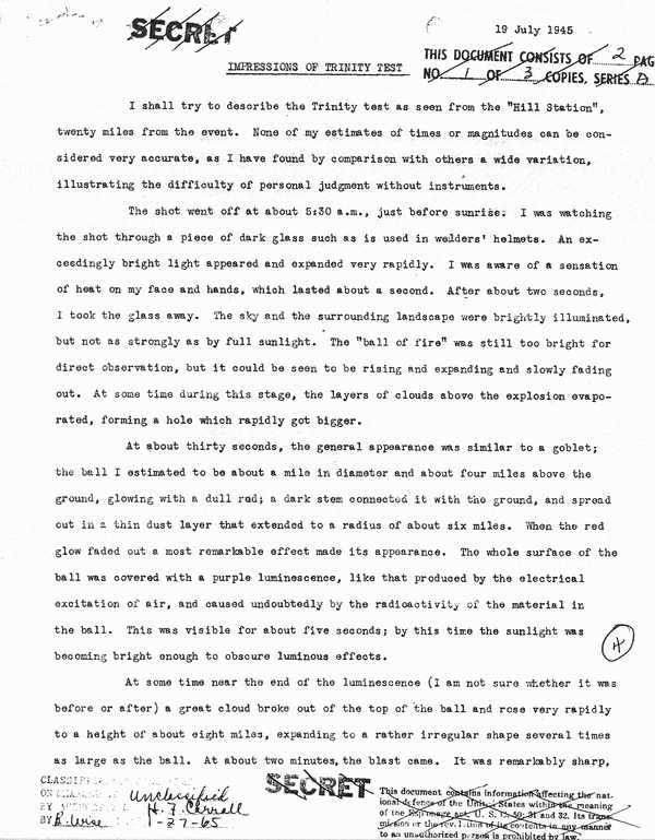 Trinity Test, July 16, 1945, Eyewitness Accounts -Edwin McMillan, page 1