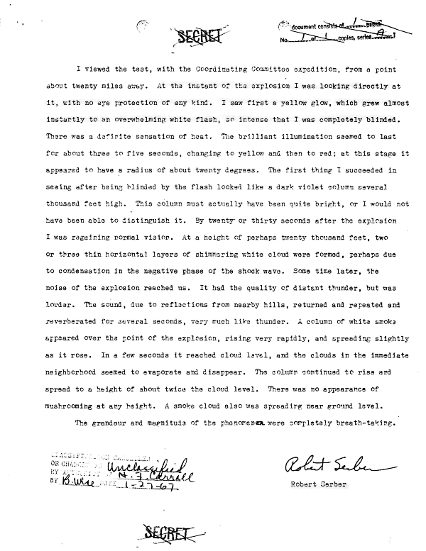 Trinity Test, July 16, 1945, Eyewitness Accounts - Robert Serber